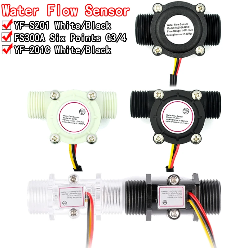 Water flow sensor flowmeter Hall flow sensor 4/6 points G1/2/3/4 Water control 1-30L/min 2.0MPa YF-S201 FS300A