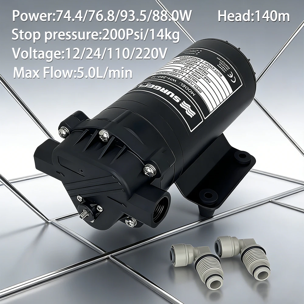 

Высоконапорный диафрагменный насос 12В/24В/110В/220В, 200PSI, 14 кг, 5.0 л/мин, самовсасывающий, для ирригации, туманообразования, охлаждения, мойки автомобилей