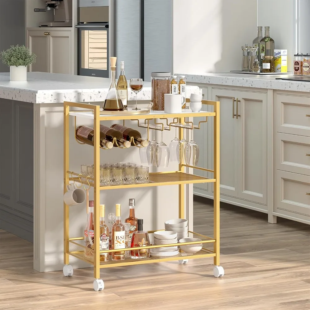 3-Tier Rolling Bar Cart with Wine Rack and Glass Holder, Mobile Kitchen Shelf for Dining Room, Gold view 3