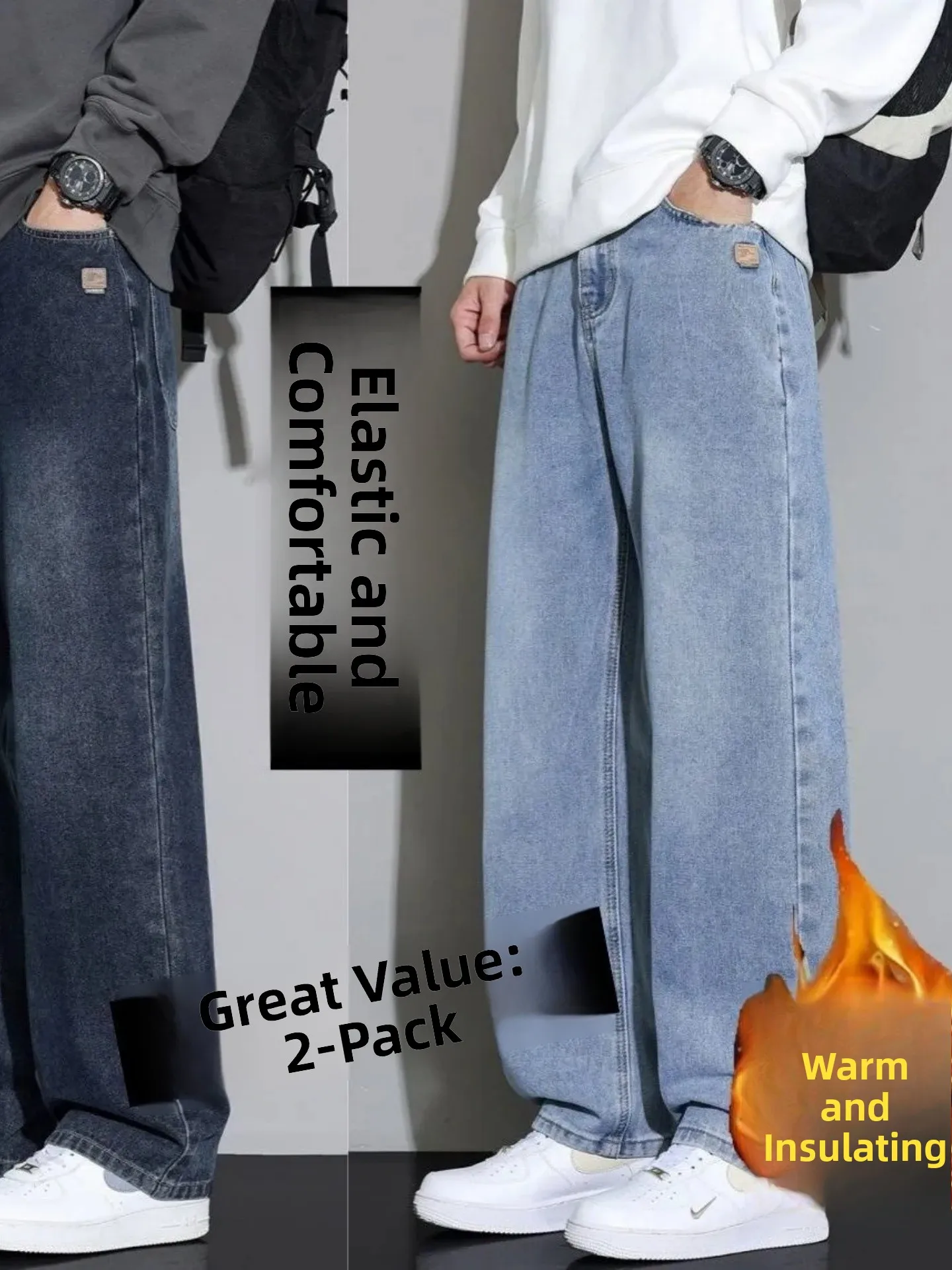 

Men's Fce Lined Thi Straight Leg Jeans Casual Loose Fit Denim Pants Autumn Winter Wear Resistant Youth Trendy Sle