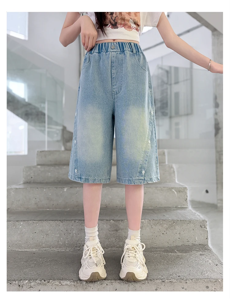 Sommerliche Mädchen-Mode-Jeans-Shorts mit Perlen für Kinder, lässige knielange Jeanshosen, elegante blaue Jeans für junge Mädchen, Sonderangebote. – Detail 7