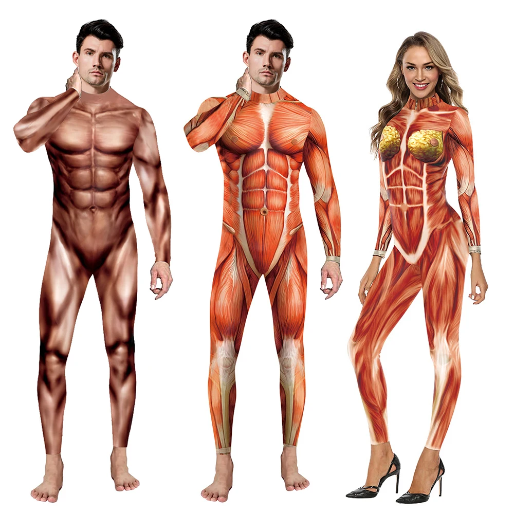 Halloween Cosplay Costumes for Men Women 3D Printed Muscle Human Anatomy Body Bodysuit Jumpsuits