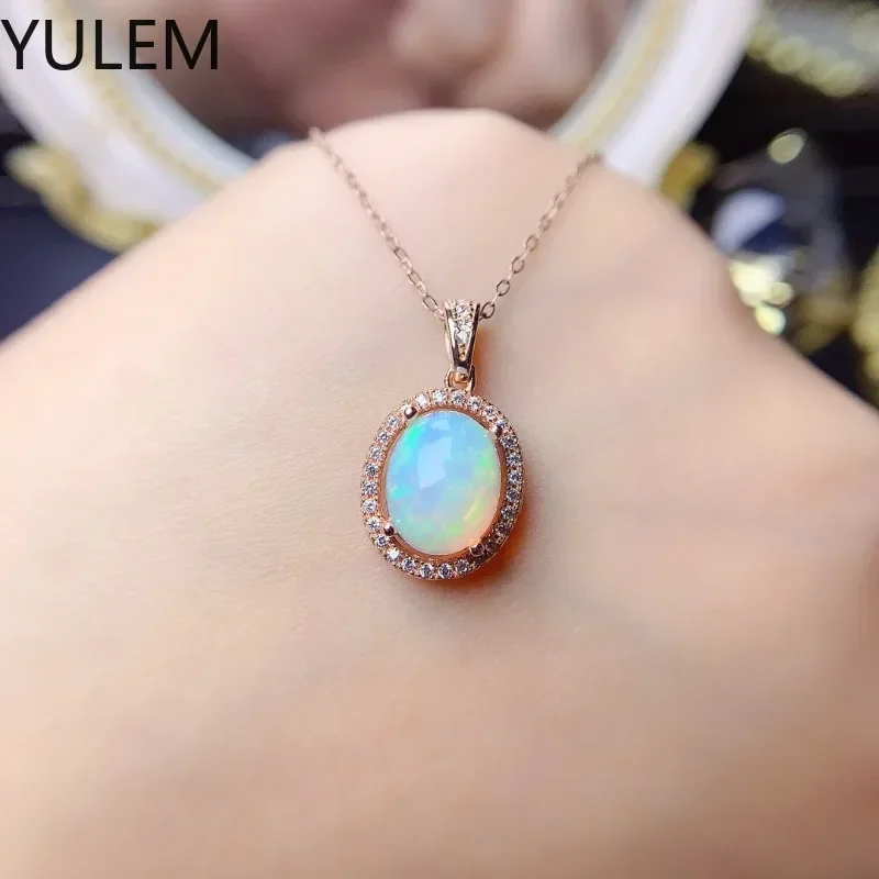 YULEM Natural Opal 8x10mm Silver 925 Pendant with Chain October Birthday Gem Stone for Women Daily Wear