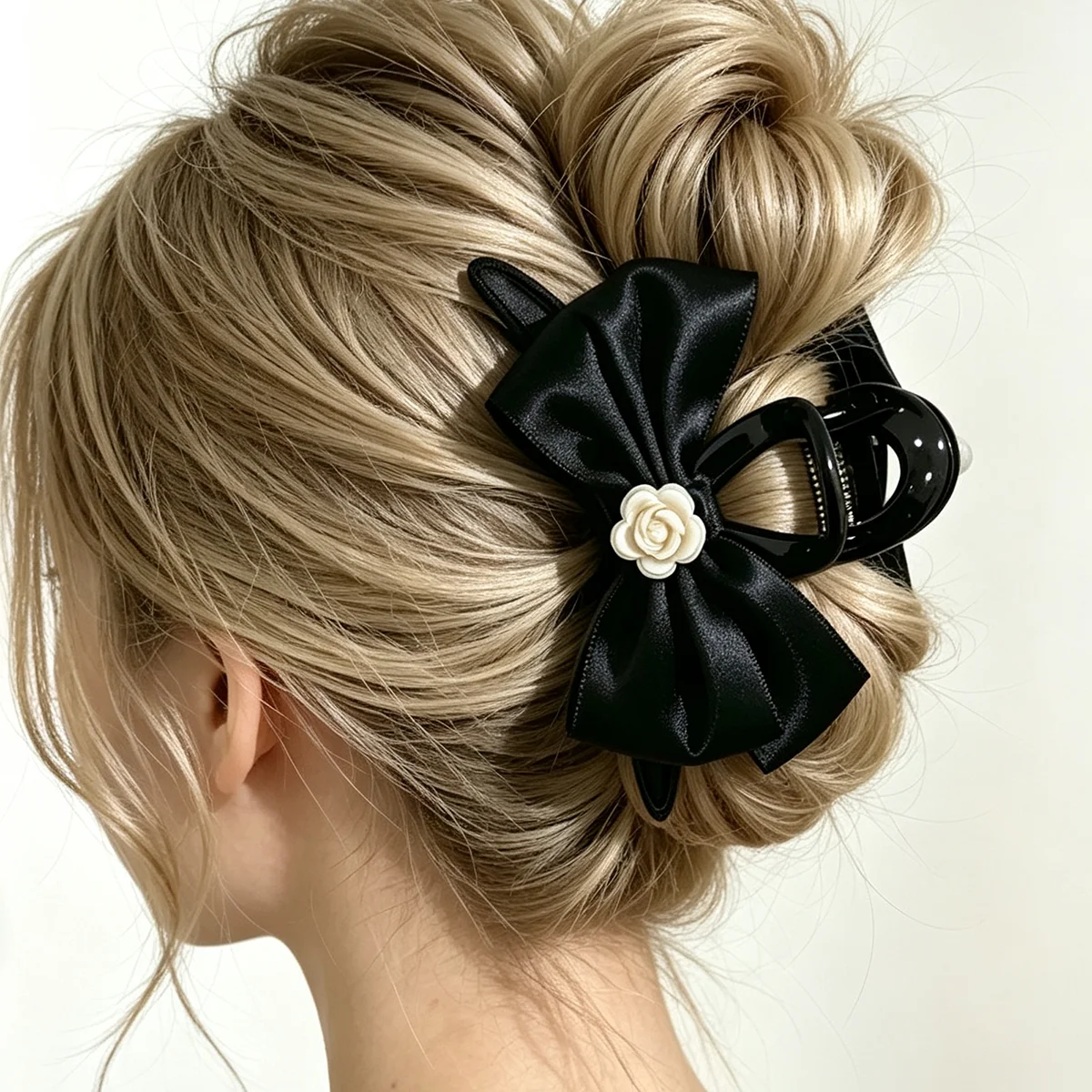 Chic Pearl Camellia Bow Hair Clip for Women Shark Clip Hair Fixing Suitable for Back of Head Bun Hairstyle