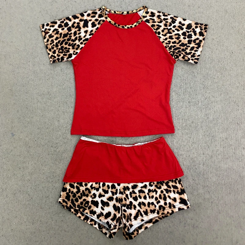 Y2k Leopard print contrasting suit Sexy Trendy Fashion American Retro hot girl style slim fit short sleeve shorts two-piece set