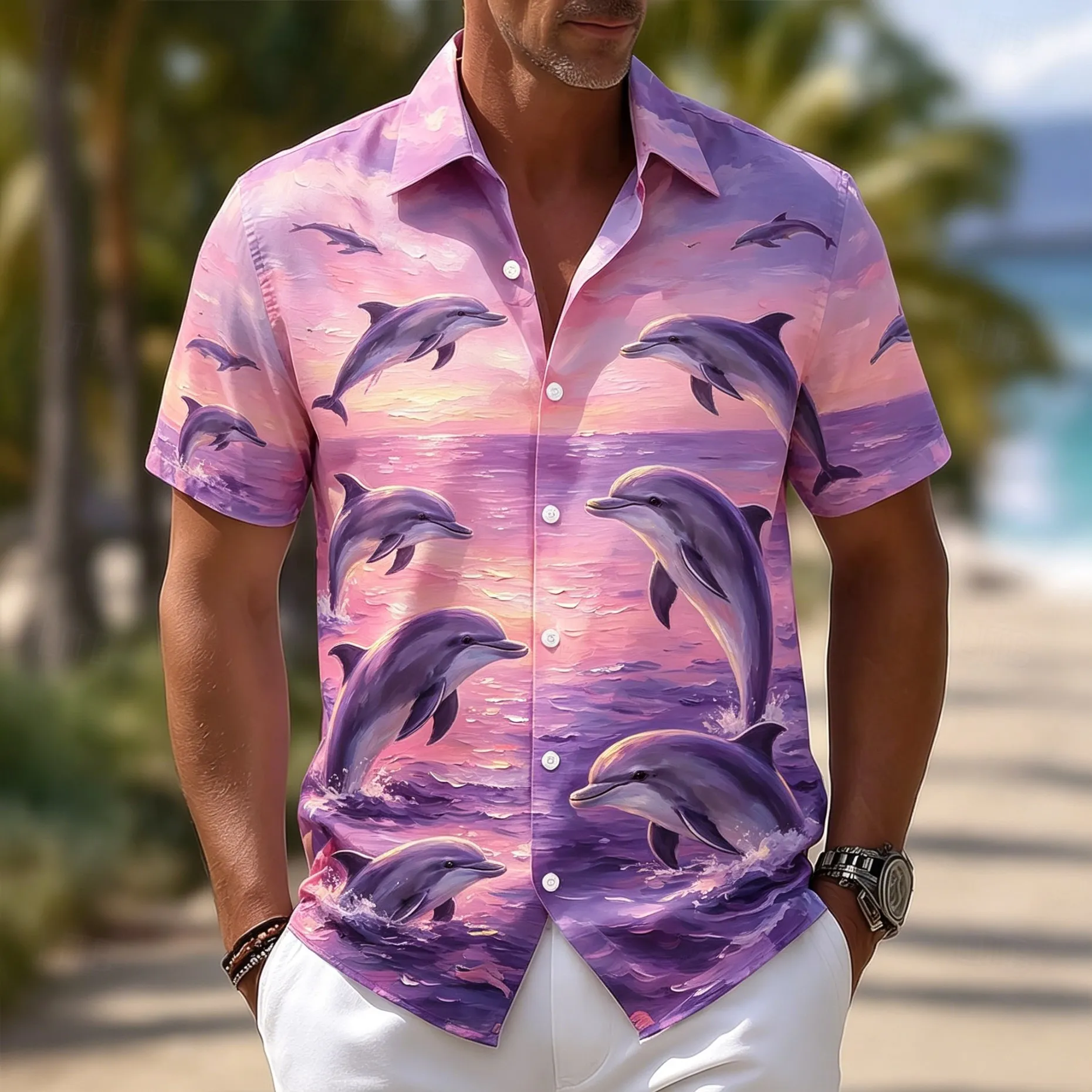 

Men's Purple Dolphin Sunset Print Short Sleeve Shirt Ocean Wave Graphic Casual Button Down Top for Spring & Summer