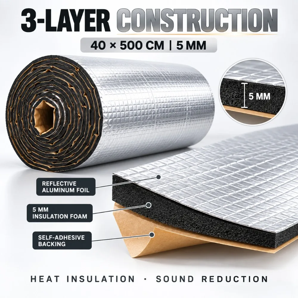 Extra Long 40x500cm 5mm Self Adhesive Aluminum Foil Insulation Foam with Kraft Paper Backing for Car Door Hood Roof Pipe Home