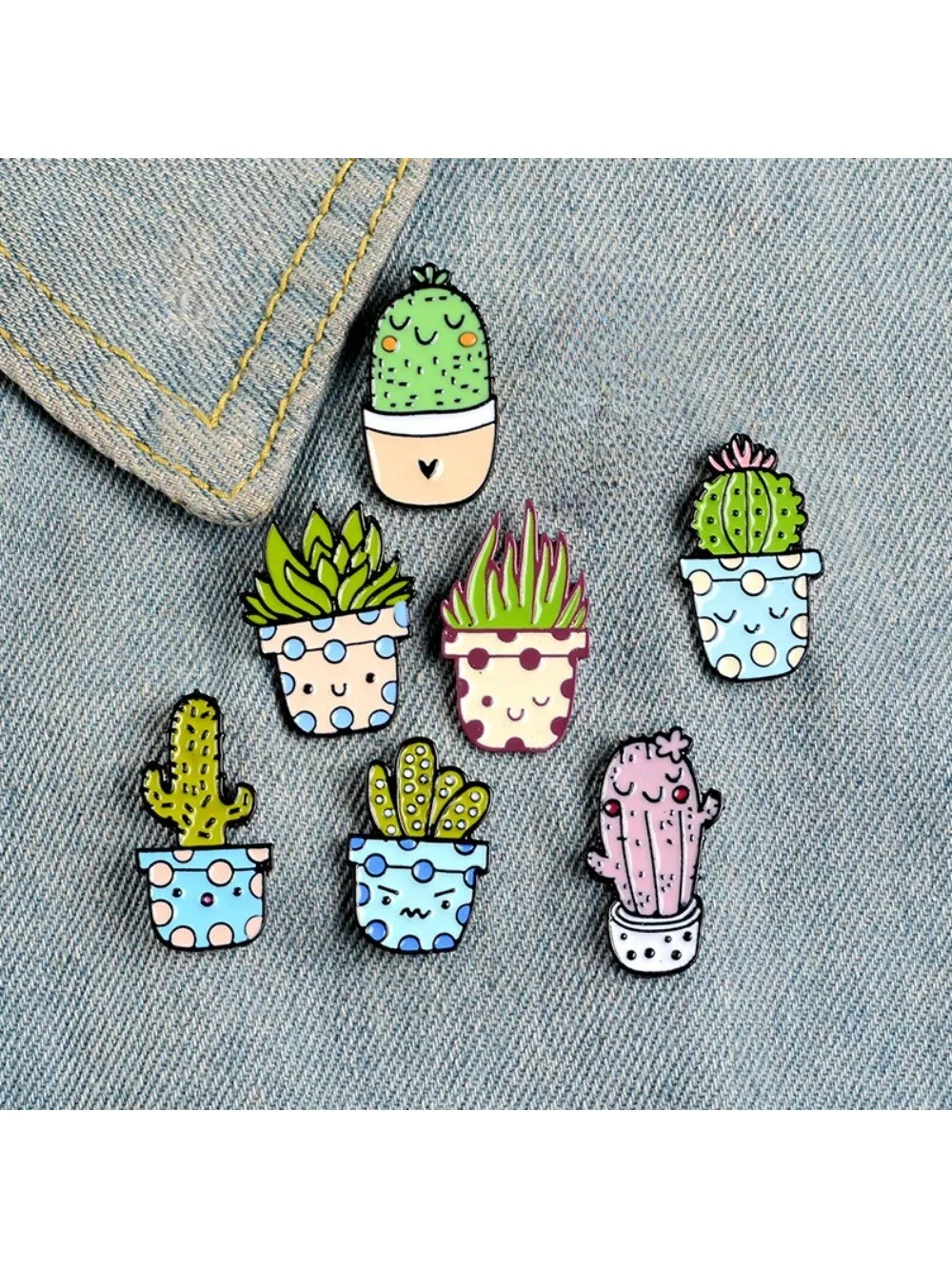 7pcs Fashion creative pot alloy brooch, cactus succulent potted plant paint badge, clothing and backpack personality accessories