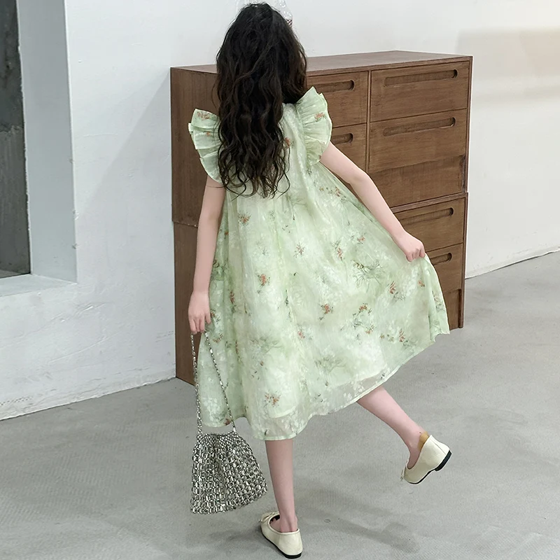 2025 summer girls' floral cheongsam dress environmentally friendly green children's petal sleeves princess dress baby skirt