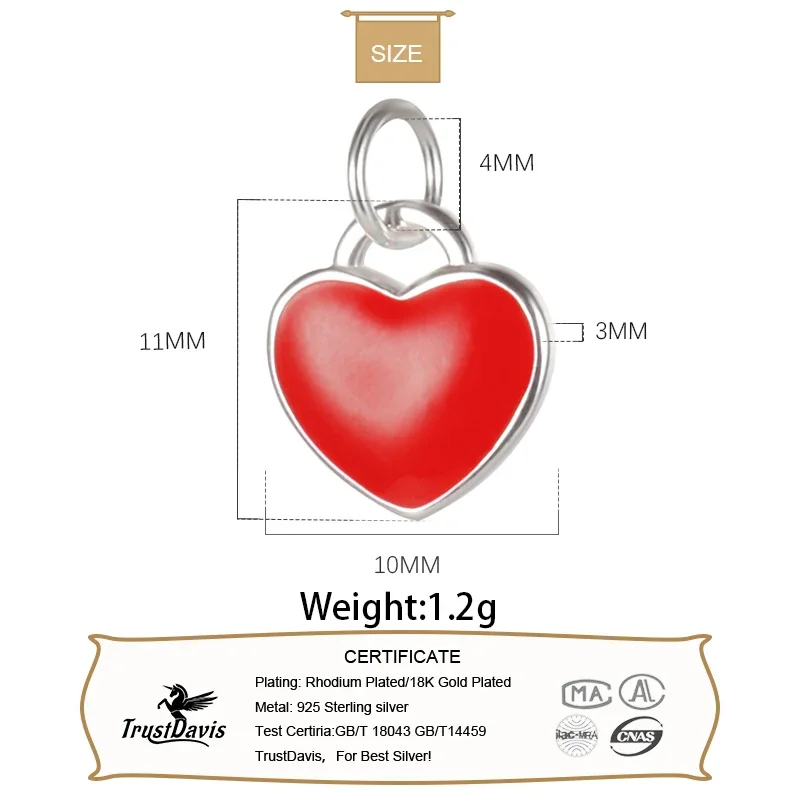 TrustDavis Real 925 Sterling Silver Sweet Love Colour Glaze Romantic Heart Charm Pendant Handmade DIY Accessories Wholesale DZ11