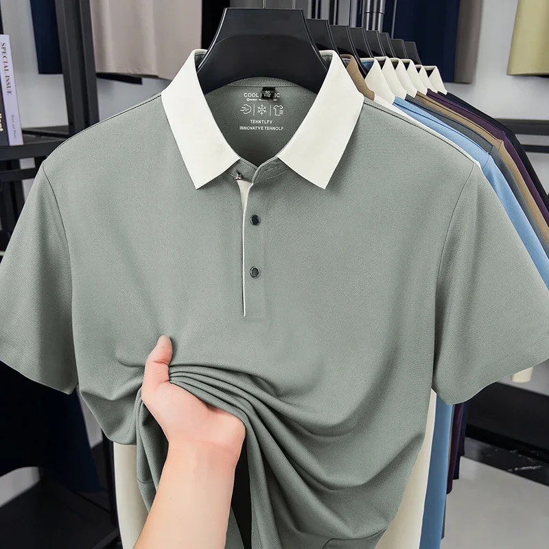 Men's Color Block Collar Polo Shirt Quick Dry Breathable Fabric Short Sleeve Lapel T Shirt For Business And Casual Wear image 3