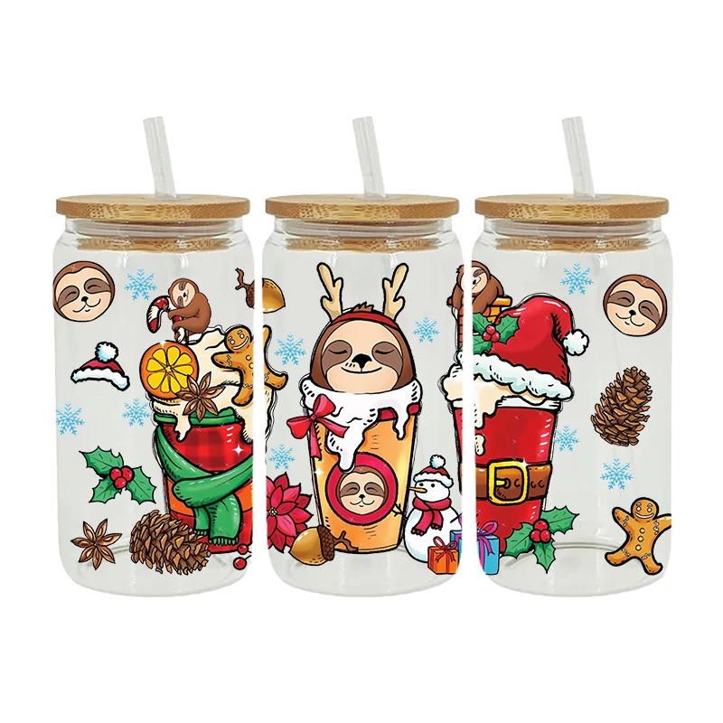 Christmas Unicorn 3D UV DTF Cup Wrap Transfers Stickers Waterproof Logo 16oz Glass Wrap D5038