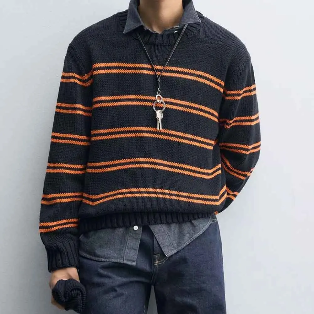 

2025 Winter New Men's Striped Color Block Long-Sleeve Sweater American Retro Fashion Trendy Loose Casual Simple Men's Top