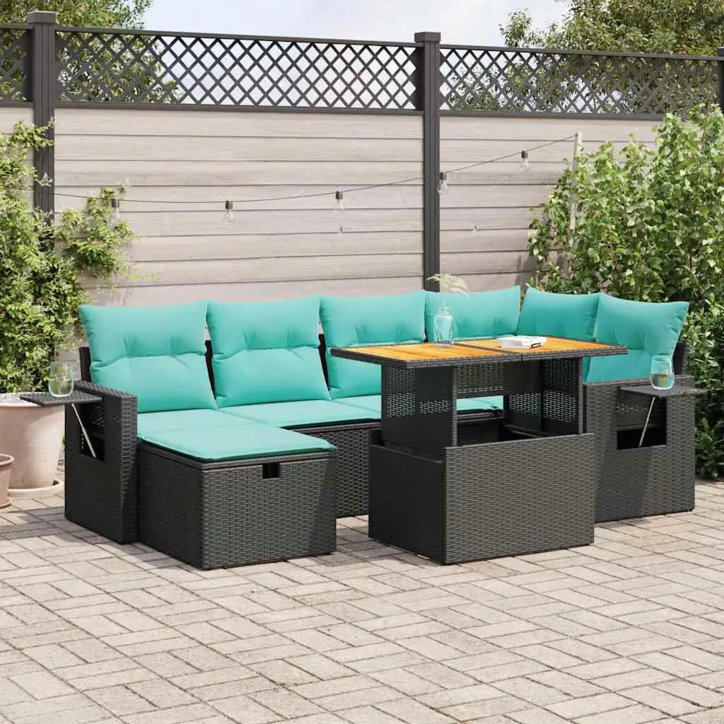 

7 Piece Outdoor Patio Sofa Set Cushions Brown Poly Rattan Acacia Wood Furniture Garden Seating