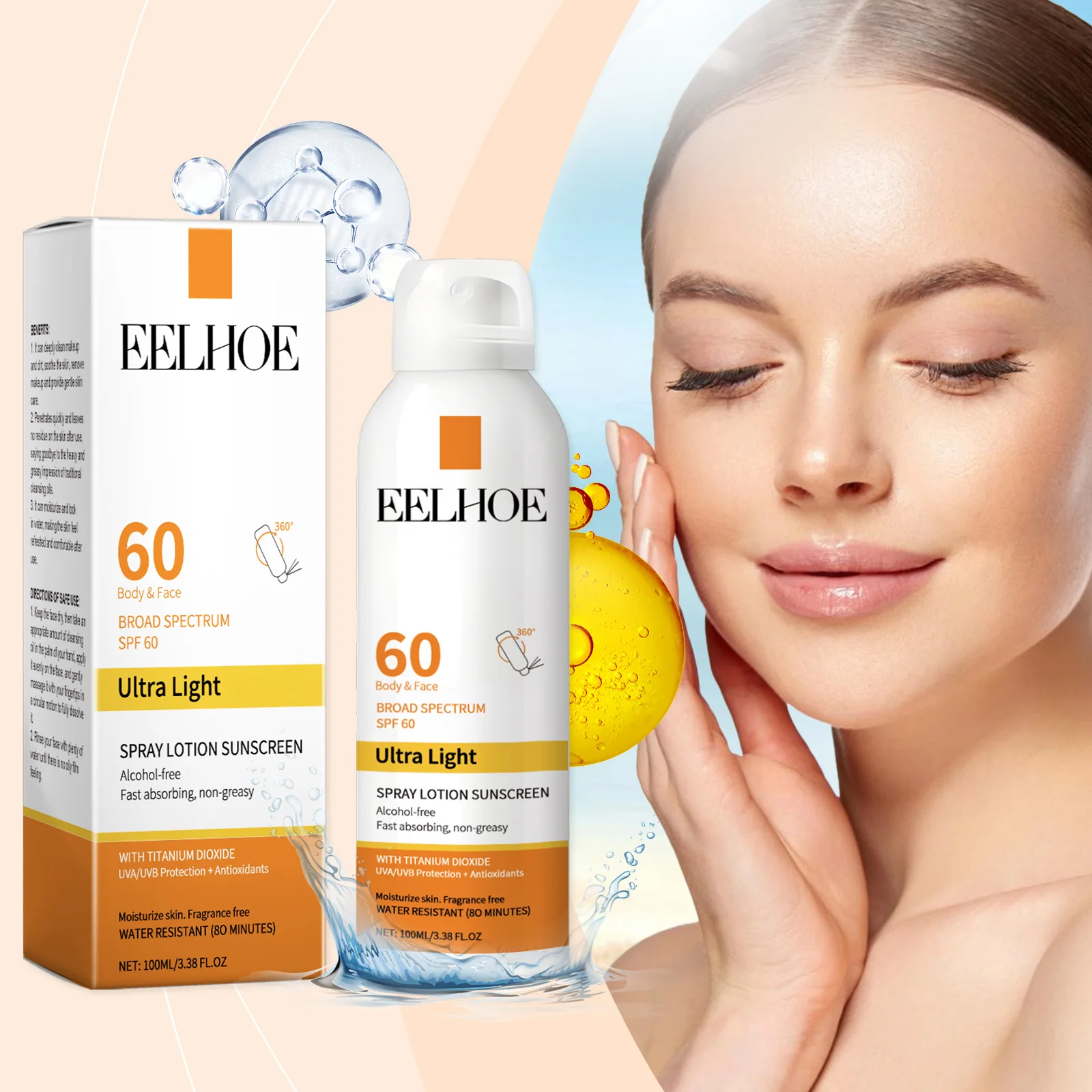 

SPF60 Солнцезащитный спрей с витамином Е, 100 мл, стойкий, глубоко увлажняющий, анти-УФ-защита кожи, антиоксидант, уход за кожей лица, тела