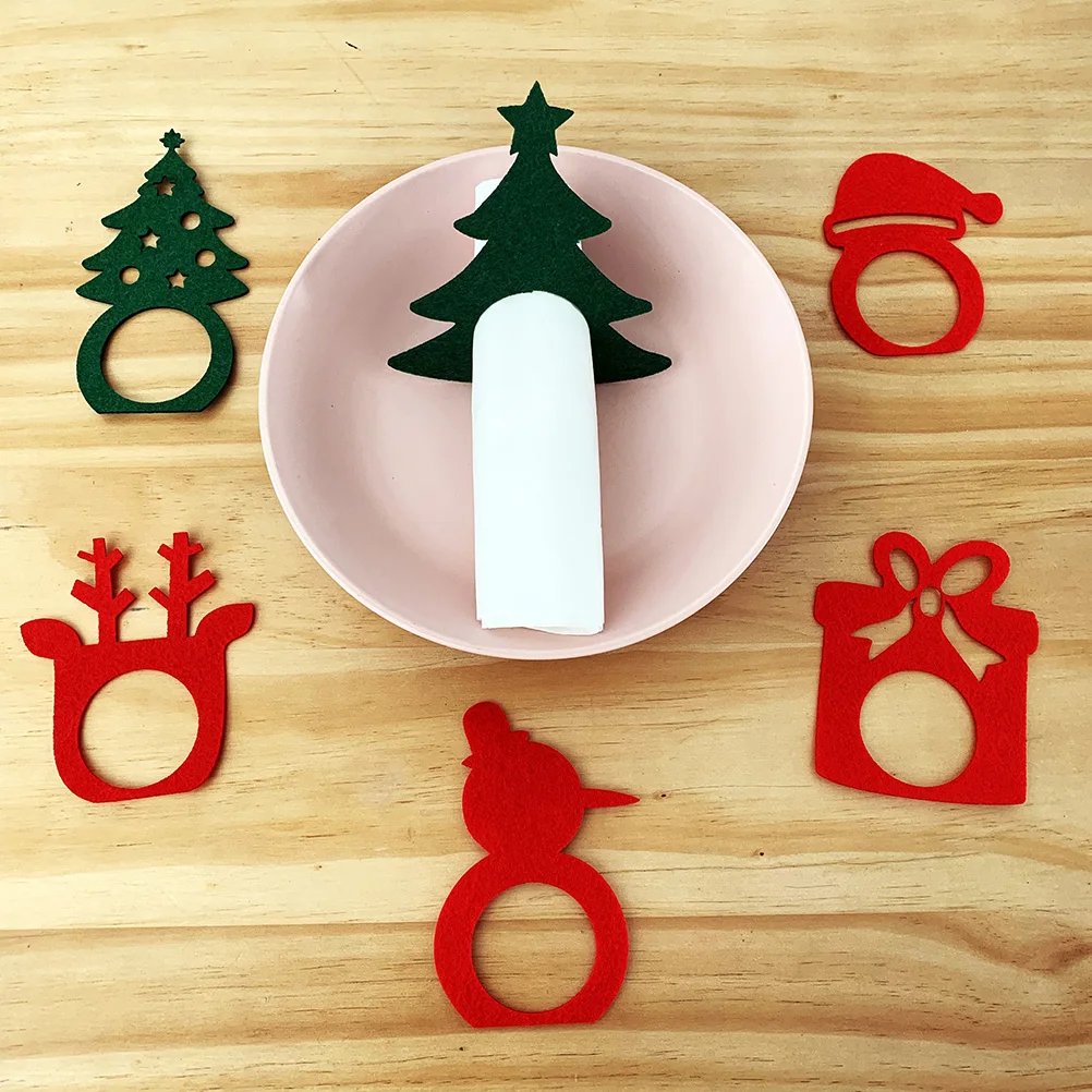 

6 Pcs Christmas Napkin Buckles Rings Fabric Decor Serviette Winter Dining Party Accessories Tree Elk Snowman Themes