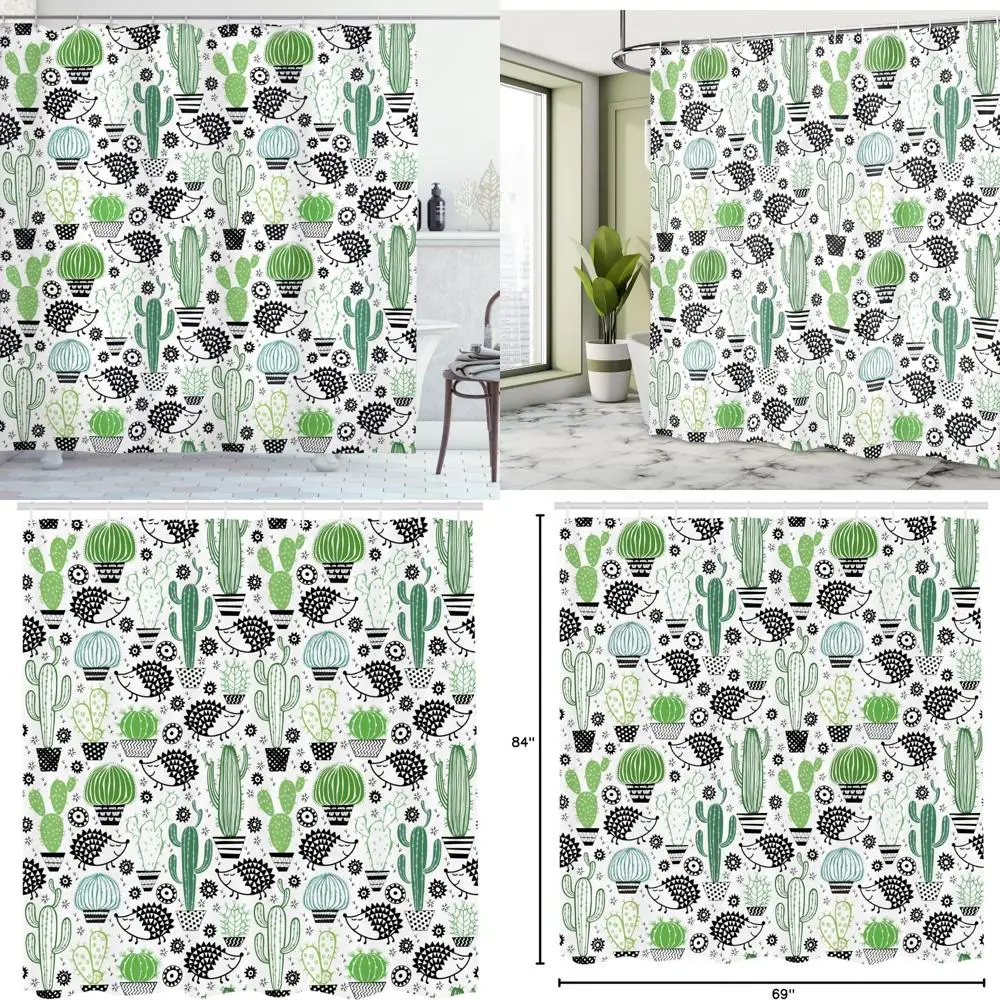 

hedgehog & cactus cartoon shower curtain, saguaro & prickly pear fabric bathroom decor