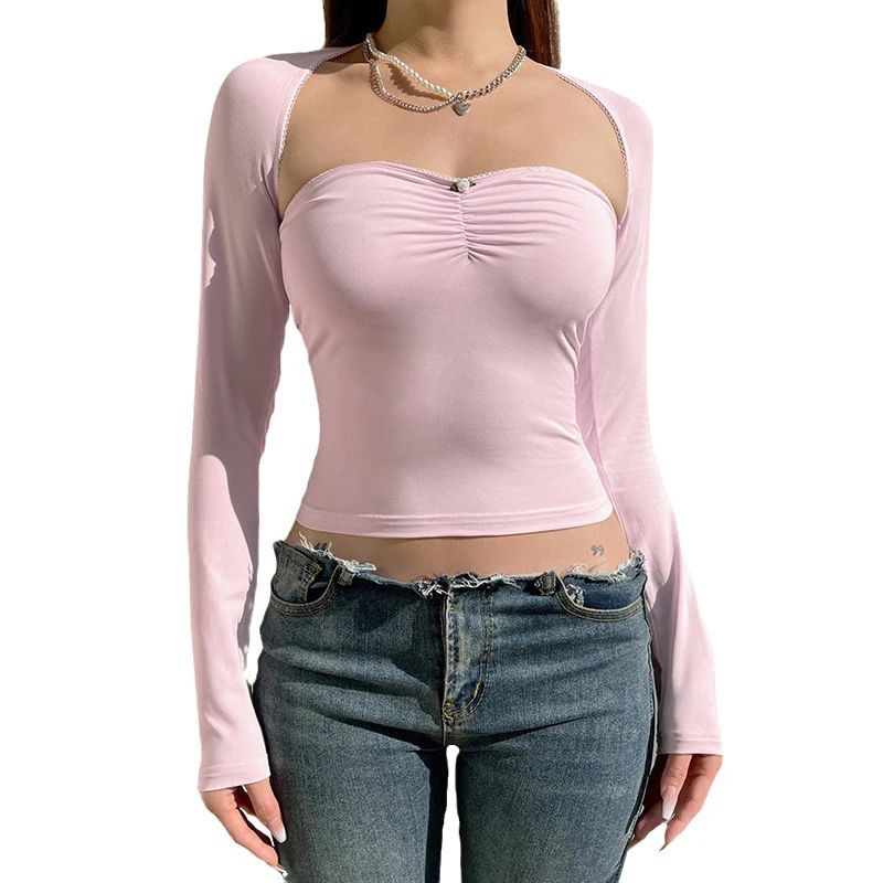 Conjunto de dos piezas de punto para mujer, blusa corta de manga larga con cuello de una línea y lazo plisado, Color sólido, Y2K