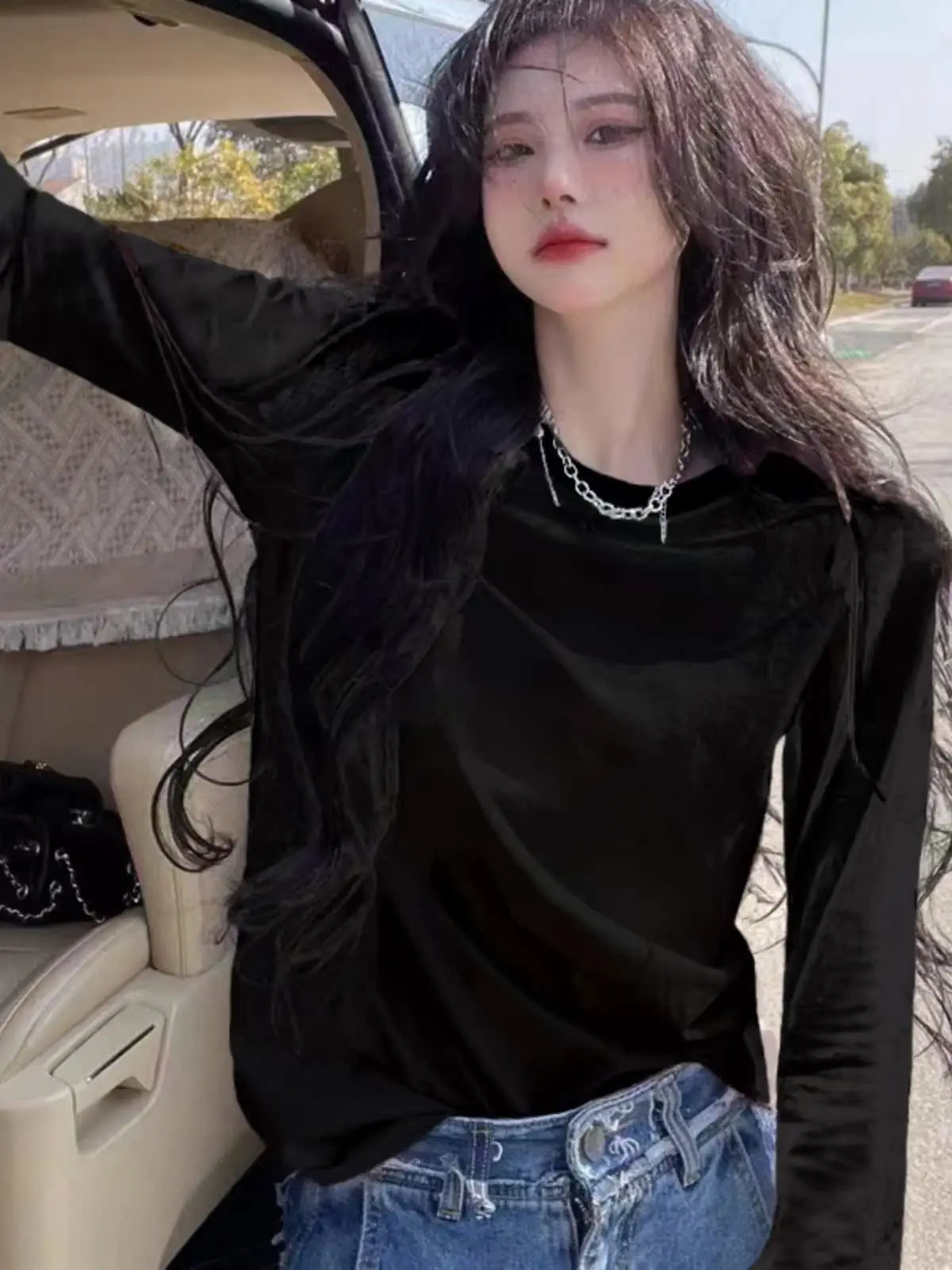 Warm Pure Cotton Long Sleeve T-Shirt Women's Autumn Winter New Style Black Fashion Inner Wear German Velvet Loose round Neck Top