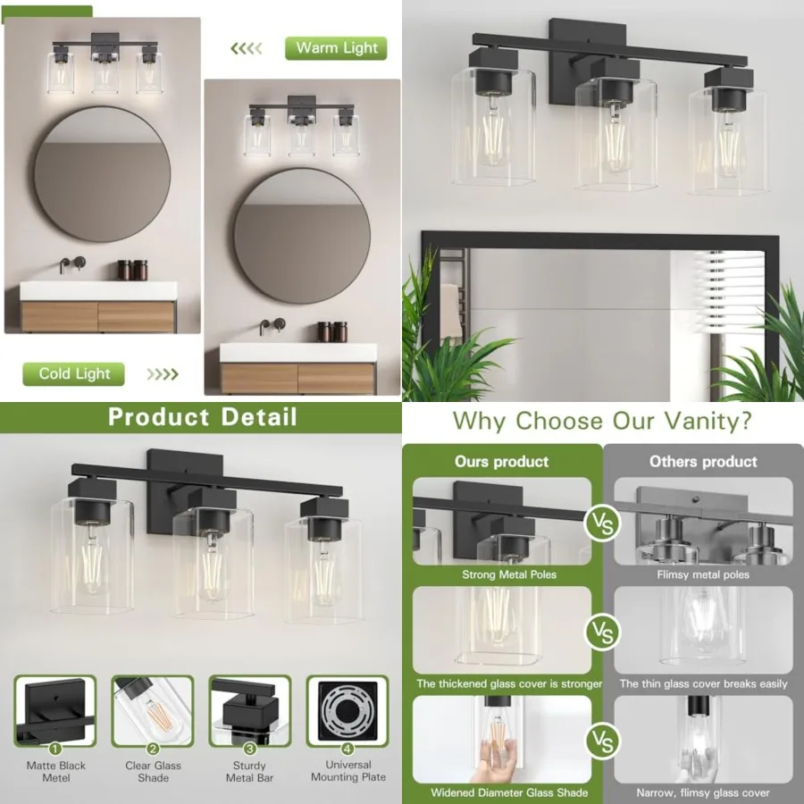 

Matte Bathroom Vanity Light, Vanity ing fixtures Over Mirror, Square Design and UL Certification, Wall Sconces with Clear Glass