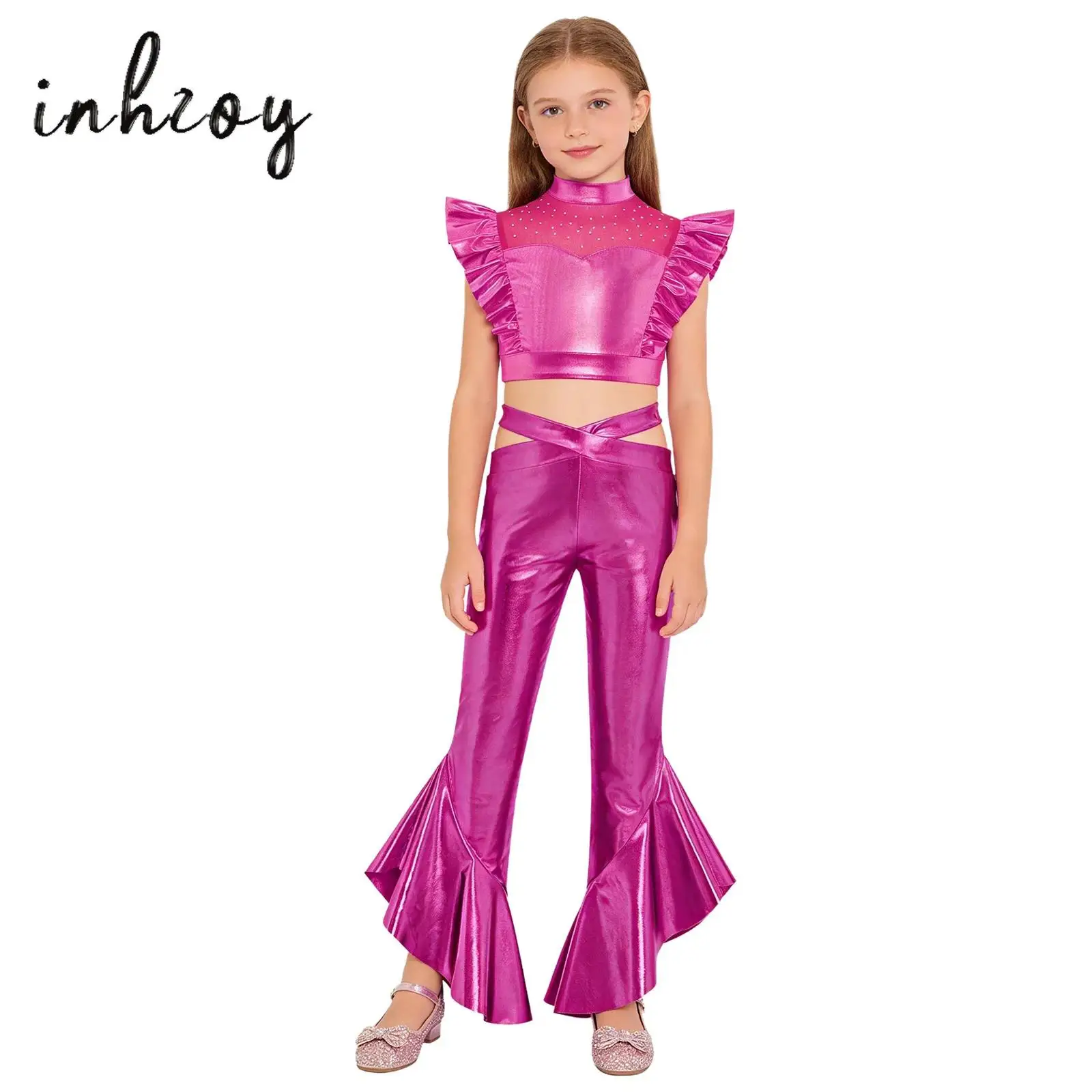 

Kids Girls Metallic 2 PCS Jazz Latin Dance Outfits Set Sleeveless Crop Top with Flared Pants Ballet Ballroom Performance Clothes