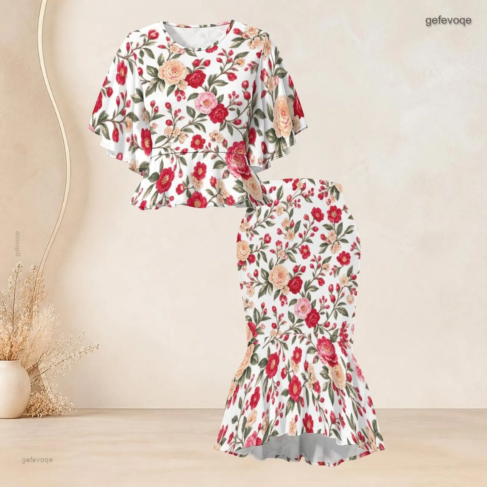 Women Skirt Set with Print Batwing Sleeve Ruffle Hem Top Fishtail Skirt Two Piece