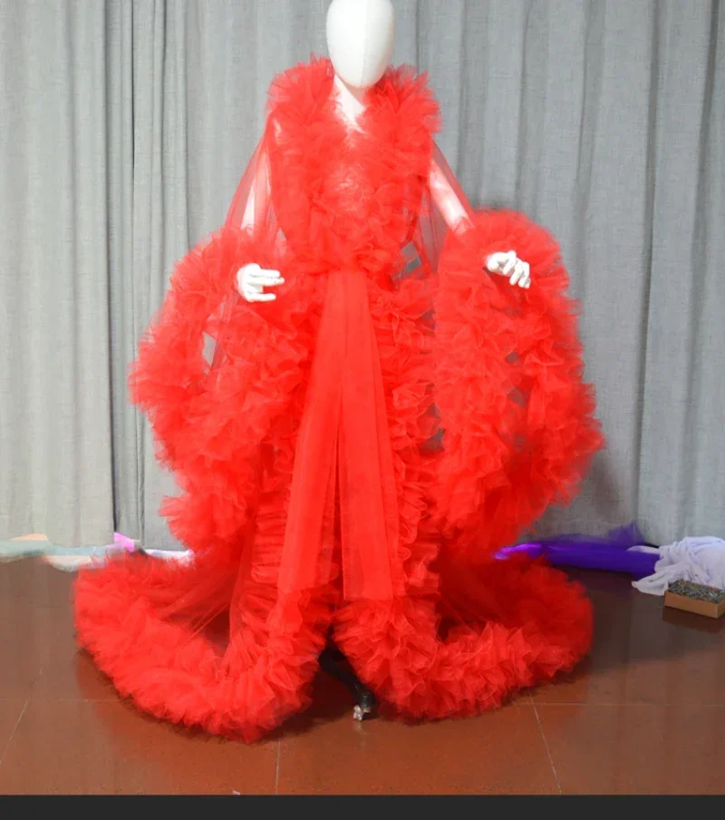 Boudoir à Volants en Tulle Rouge pour Séance Photo de Grossesse, Robe à Volants, Cape Alterne pour ixPréChristophe, Révélation du Sexe de la Mariée