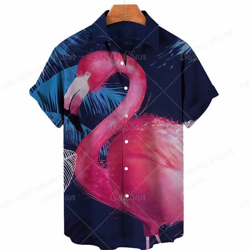 Flamingo 3D Print Beach Shirts Men's Fashionable Shirt Summer Button Lapel Tops Street Casual Harajuku Holiday Hawaiian Blouse