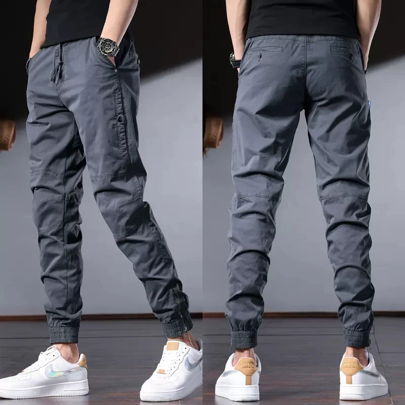 Men's Gray Cotton Casual Pants Korean Style Streetwear Slim Fit Stretch Drawstring Trousers CP2233