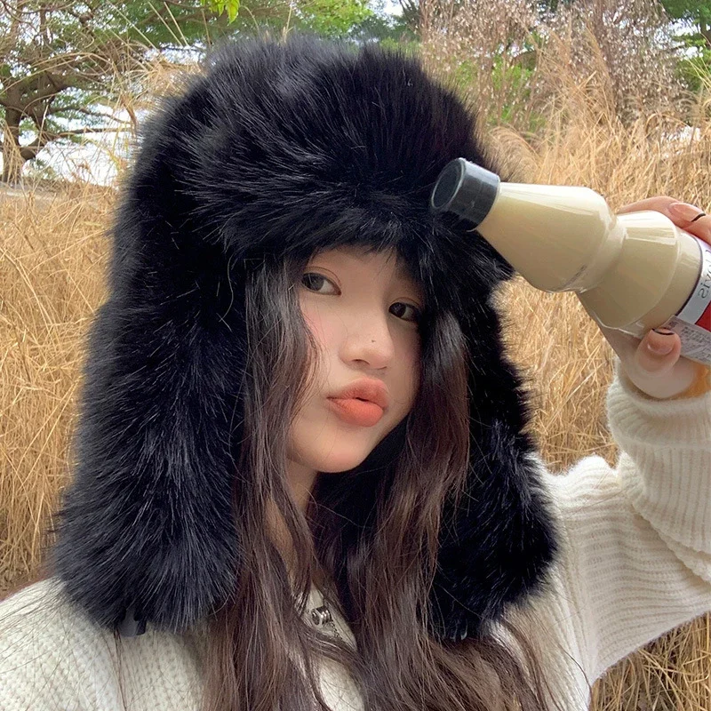 2023 Imitation Sable Russian Hat Women Winter Plush Fluffy Ski Cold Protection Warm Ear Protection Hat Padded and Thickened Hat