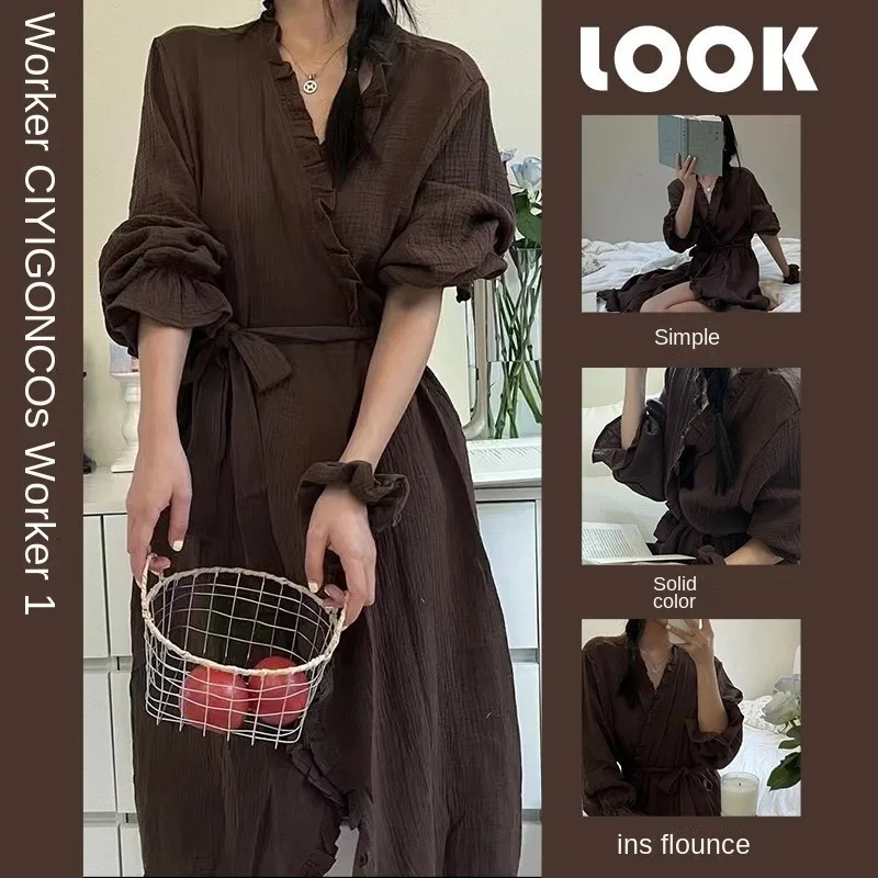 Bathrobe Women Shower Long-Sleeved Robe Autumn and Winter Simple Solid Ruffle Korean Version of the Student Pajamas Bath Rob