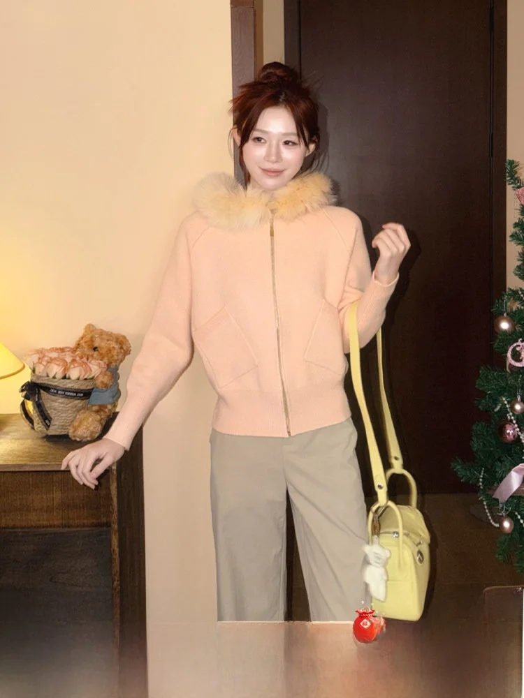 

Warm Woolen Knitted Cardigan Coat with Hood And Fur Collar in Orange Color Korean Sle Women's Winter Sweater by ng