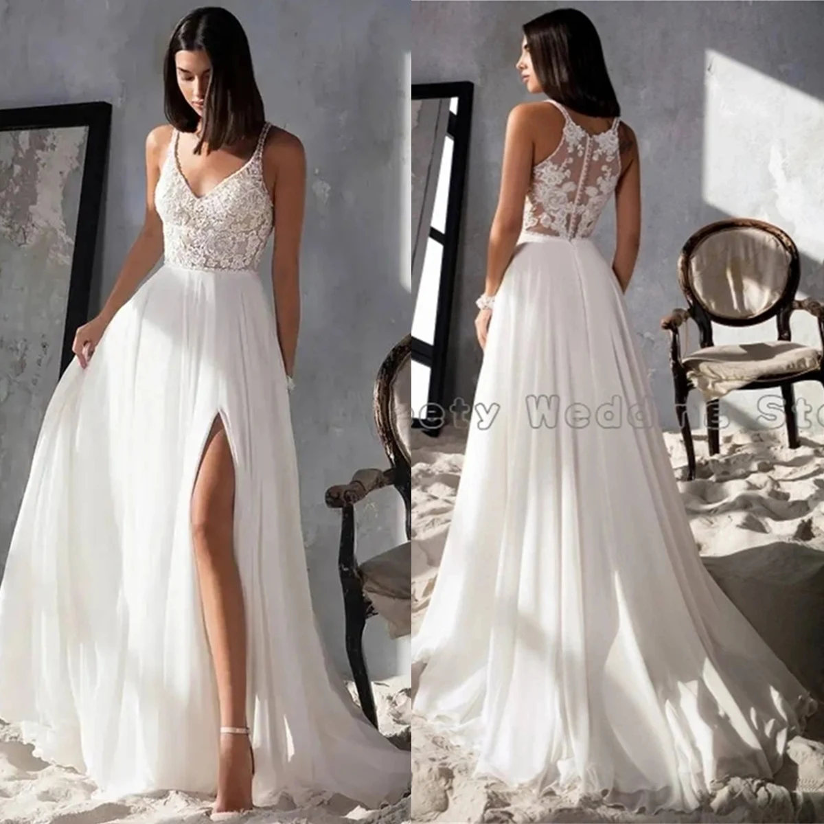 

Evening Dress White Chiffon Lace Spaghetti Straps Zipper A-line Floor Length Slit Plus size Women Party Formal Gown KH018