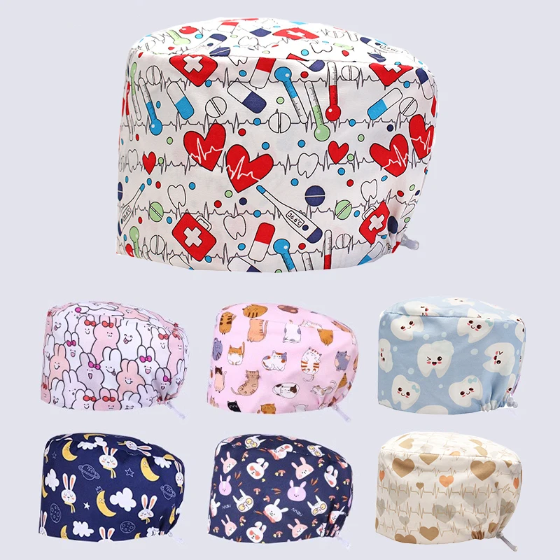 

Tooth Print Scrub Caps Long Hair Bouffant Bun Women Men Cordlock Nurse Doctor Hospital Dental Clinic Medical Surgical Hats K970