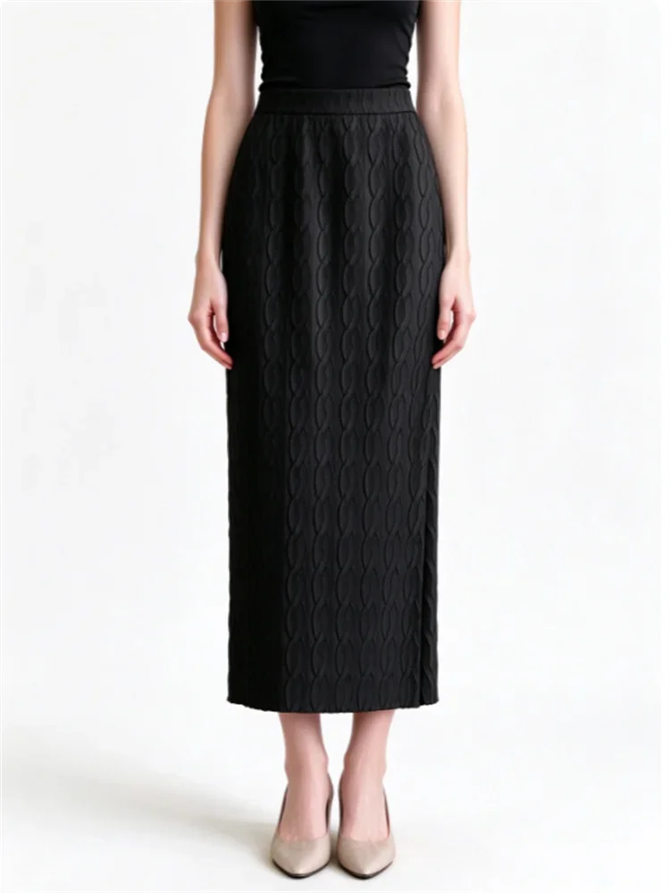 Miyake Pleated Women Brown Textured Straight Skirt, High Waist Pencil Skirt, Elegant Midi Skirt