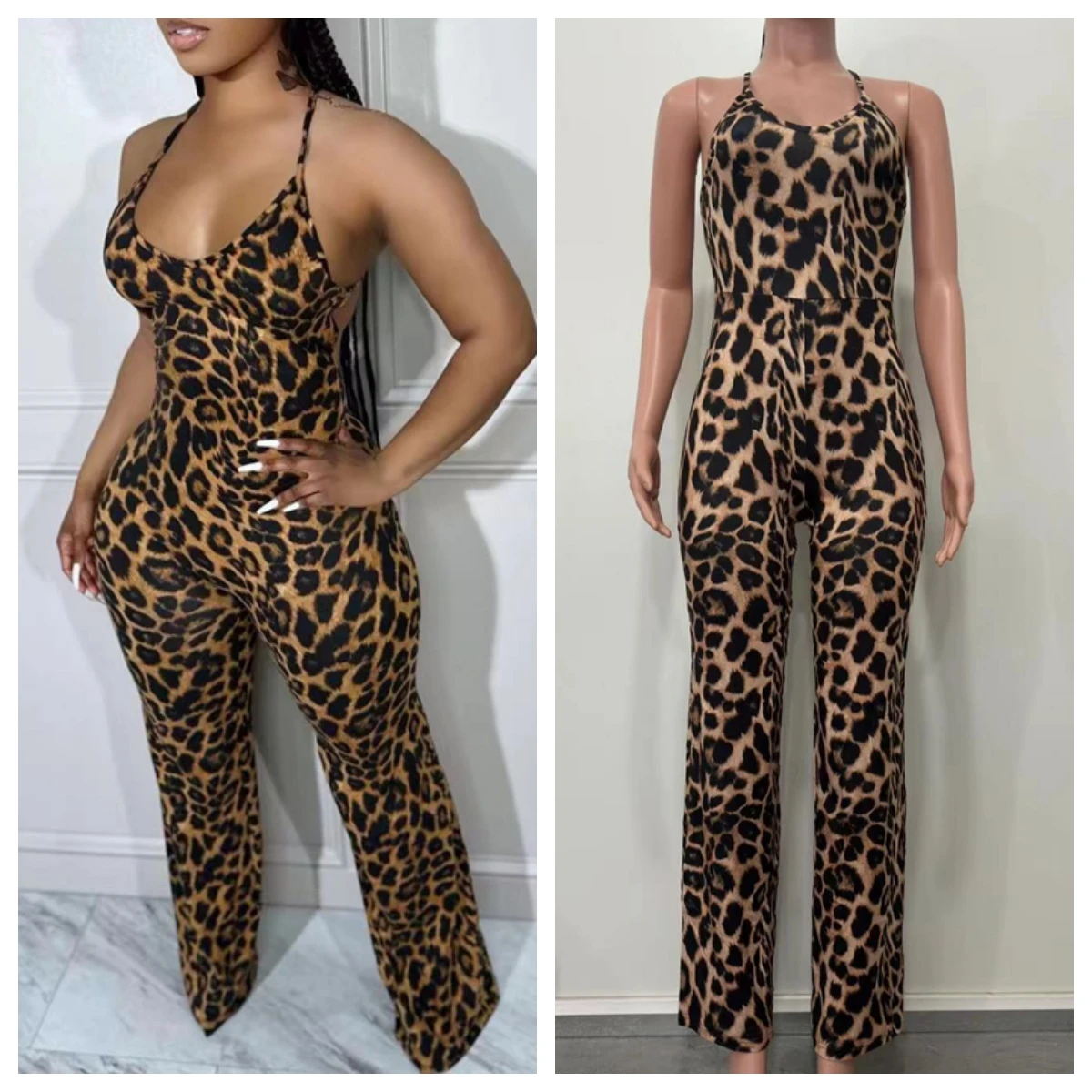 

Summer Leopard Print Loose Jumpsuits with Headband Women Sexy Spaghetti Straps Sleeveless Romper Wide Leg Pants Casual Overalls