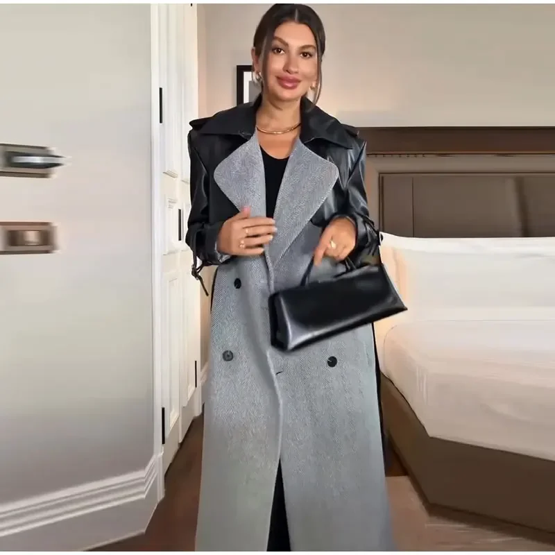Lange Wollmäntel mit Paneelen und Gürtel, Damen, Streetstyle, Revers, lange Ärmel, Knopfleiste, lockere Jacken, Herbst, schick, neue warme Oberbekleidung – Detail 15