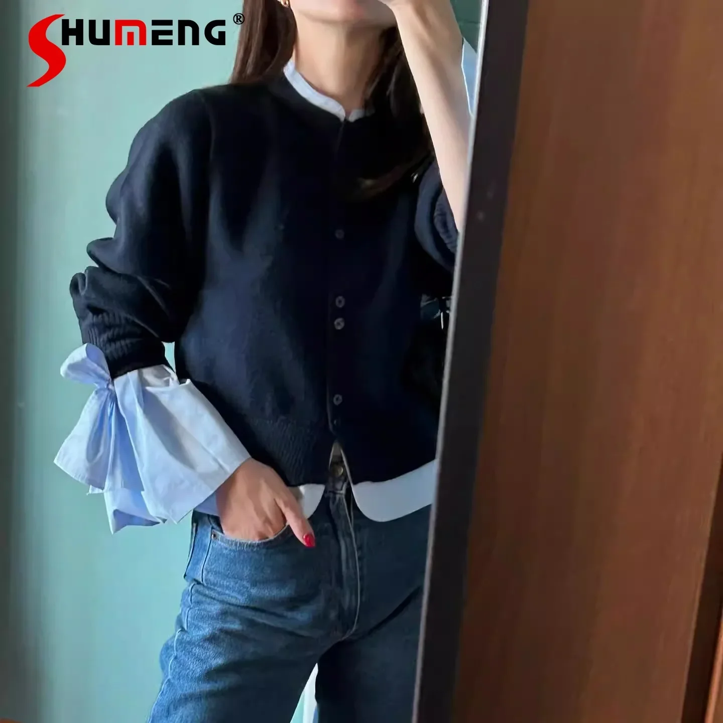 

Japanese Fashion Lazy Casual Shirt Splicing Lace-up Bow Long Sleeve Single-breasted Knitted Sweater Short Cardigans Women Autumn