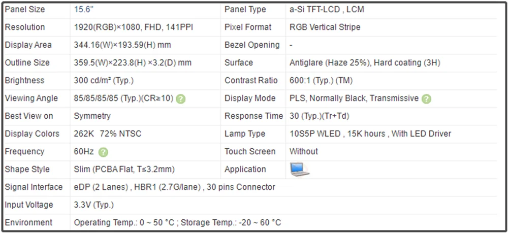 LTN156HL01-101 LTN156HL01 101 15.6 inch LCD Screen Panel FHD 1920x1080 141PPI 300 cd/m² 72% NTSC Non-touch EDP 30pins Antiglare