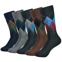 5 Pairs Men's Cotton Black Patterned Comfy & Breathable Fashion Colorful Dress Socks, For Daily And Outdoor Wearing