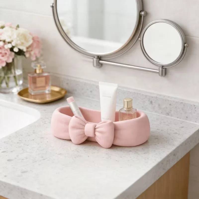 Niedlicher Schreibtisch-Organizer mit Schleife, Rosa Kosmetik-Ablage, Süße Aufbewahrungsbox für Zahnbürste und Hautpflege – Detail 5