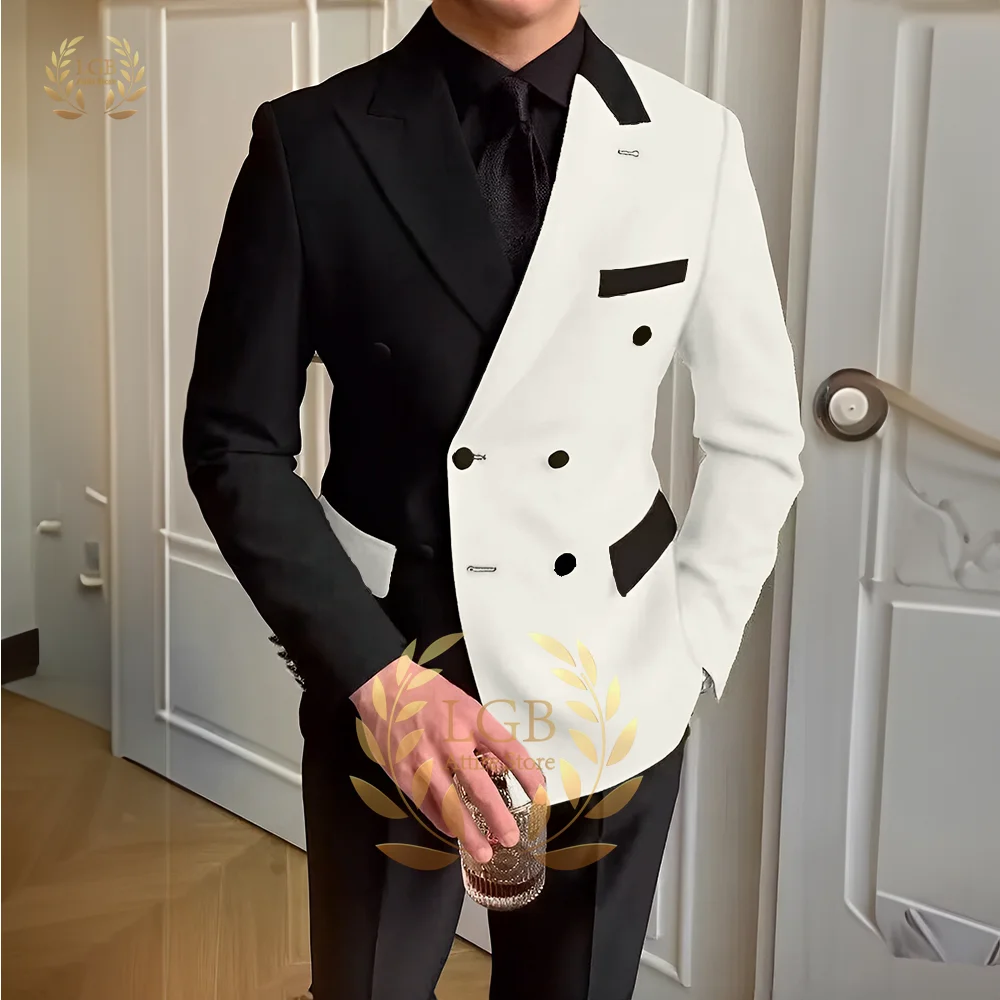 Men's 2-piece suit, stylish slim fit double-breasted color matching design, customized personalized party wedding dinner tuxedo