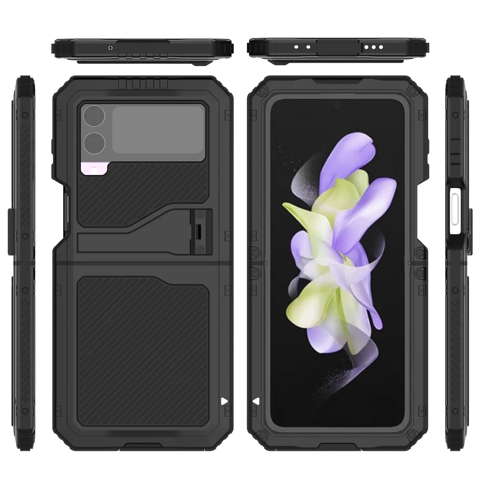 for Samsung Galaxy Z Flip 4 Metal Case with Kickstand, 3 Layers Full Body Protective Shockproof Aluminium Cover for Z Flip 4