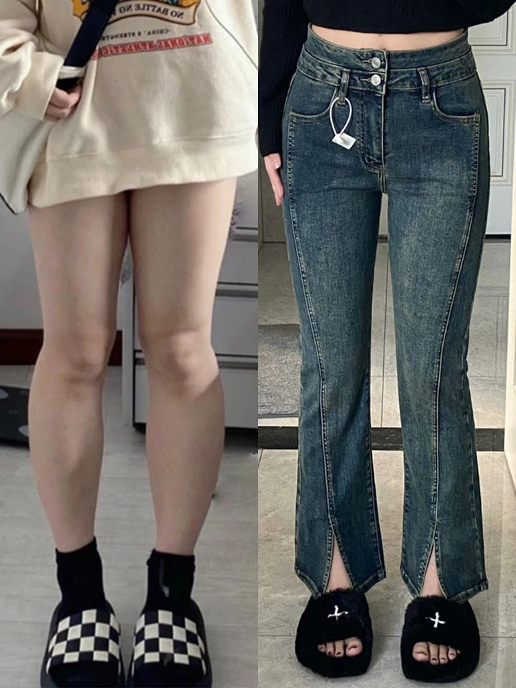 

High Waist Straight Leg Jeans Women's Autumn Winter plus Size Pear Shape Slimming High Waist Wide Leg Pants Trendy Split Design