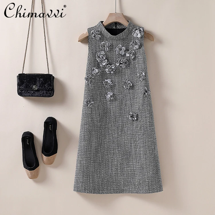 

French Elegant Heavy Industry 3D Flower Crew Neck Sleeveless High Waist A-line Slim Fit Tweed Vest Short Dress For Women Winter