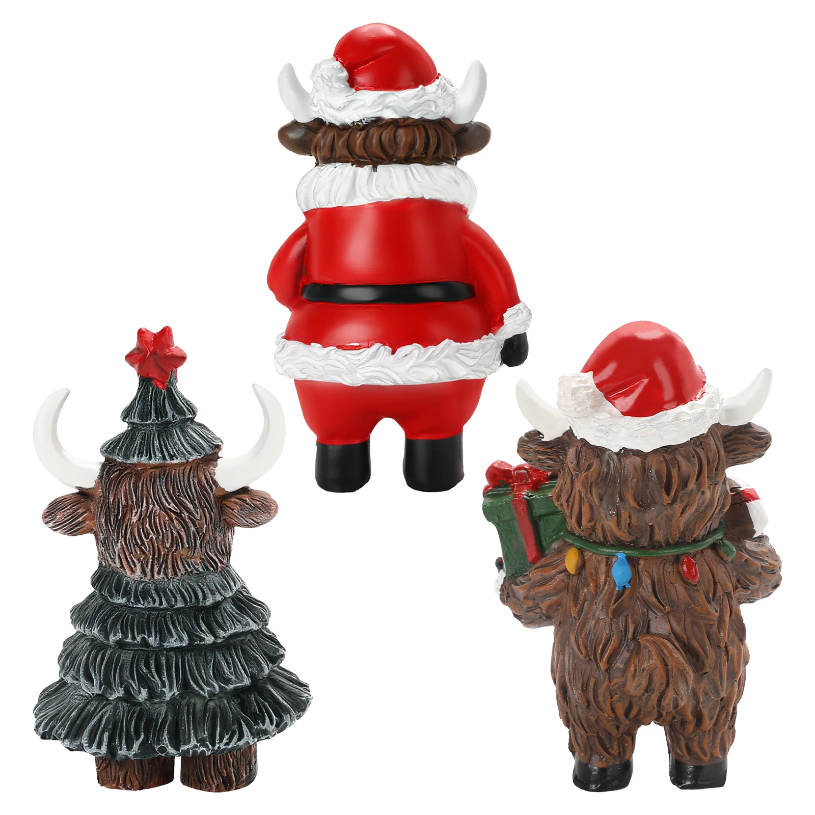 3 個のハイランド牛の置物スコットランドのクリスマスツリーの装飾牛キルト付きサンタ帽子スコットランドのお土産ホリデーホームデコレーション
