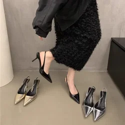 2024 Summer Silver Heels Pointed Toe Women Pumps Fashion Slip on Slingbacks Shoes Ladies Sexy Heel Party Dress Sandalias