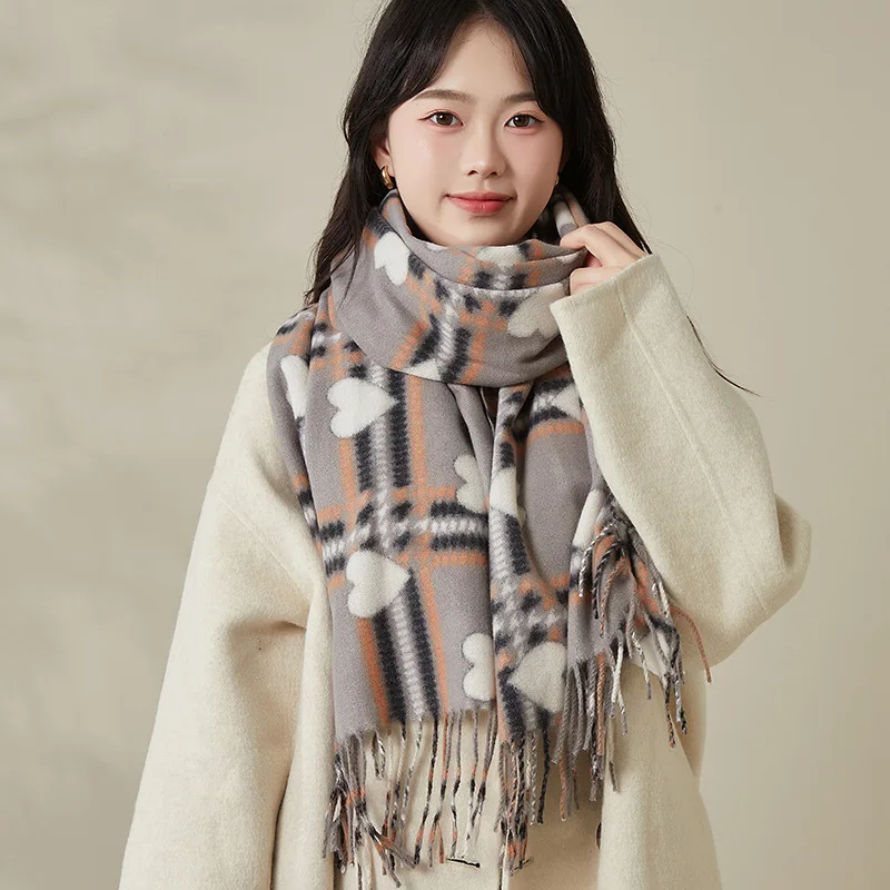 Double Side Heart-shaped Checkered Scarf Female Winter Korean Fashion Versatile Shawl Thickened Outer Scarf Warm Neck Protection