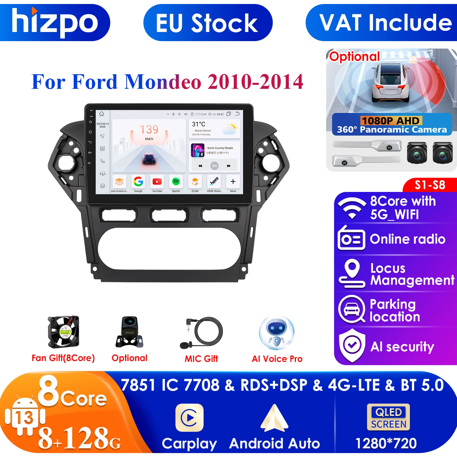 Hizpo 10.1inch 7862 Car Intelligent Screen Android Car Radio for Ford Mondeo 2010 - 2014 Navigation GPS Carplay 4G DSP Autoradio