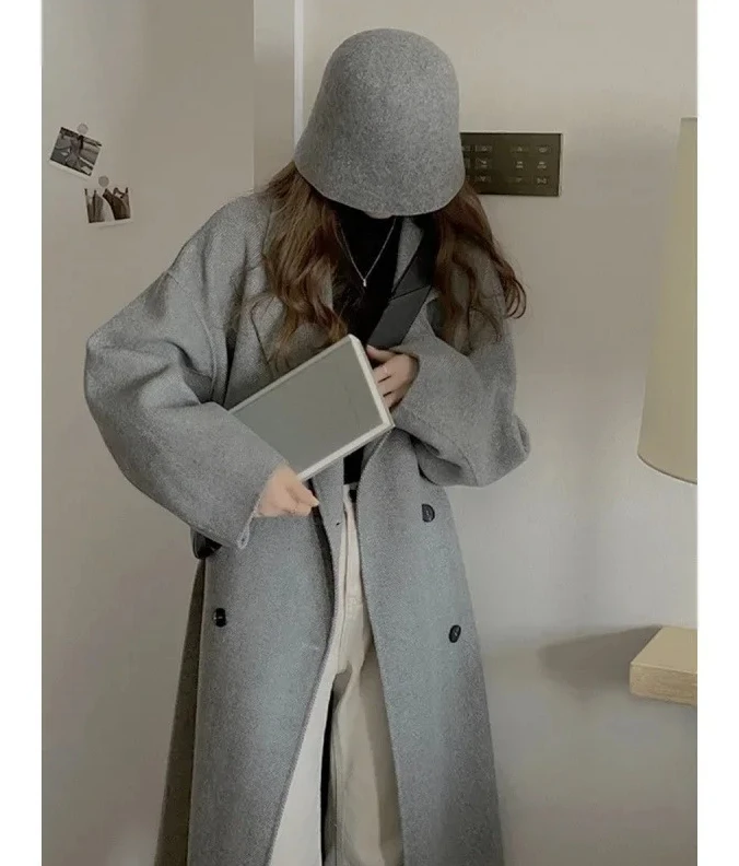 Estilo coreano cinza dupla face cashmere casaco de lã feminino comprimento médio outono inverno nova moda tamanho pequeno